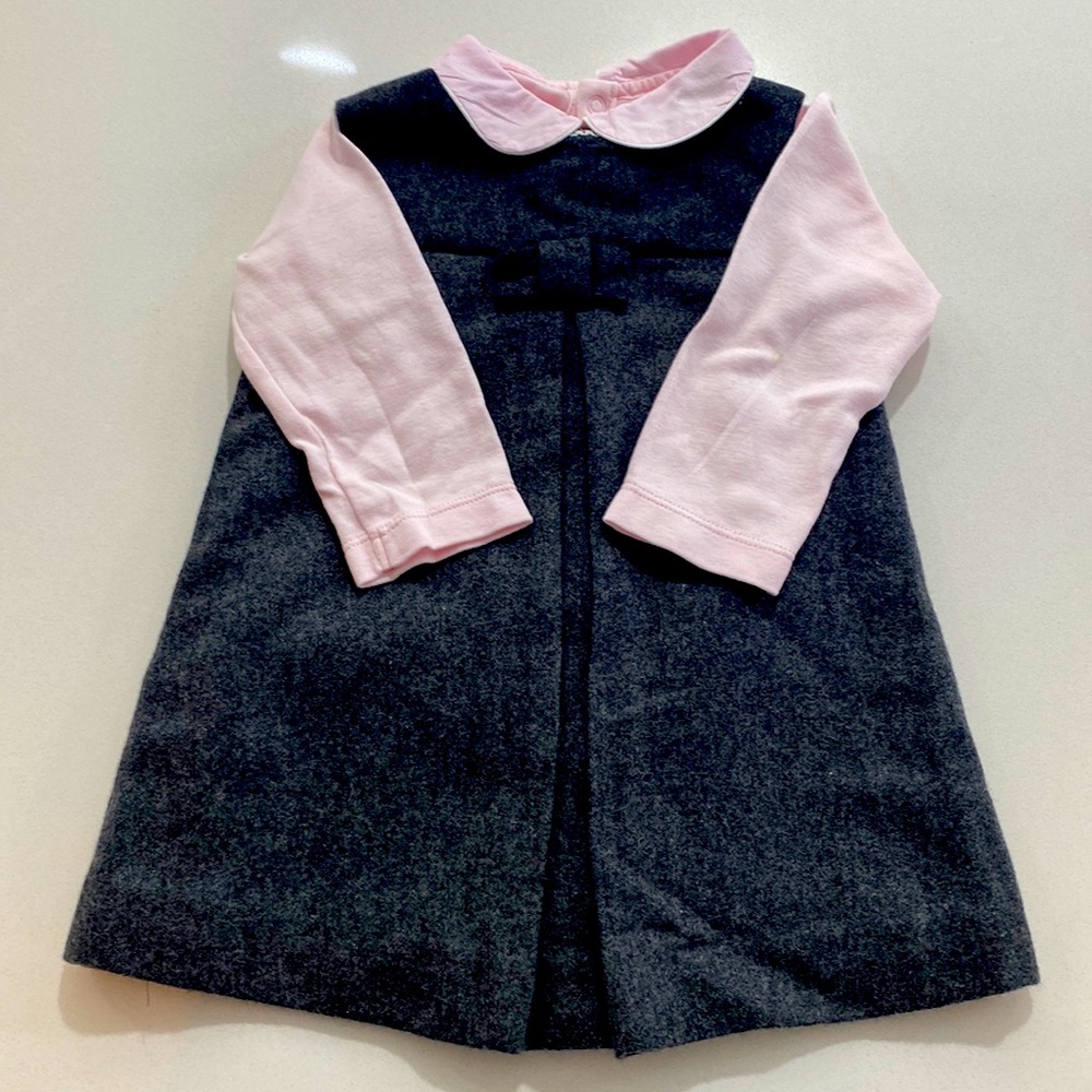 Jacadi size 12 months pink cotton top with grey wool dress - perfect condition